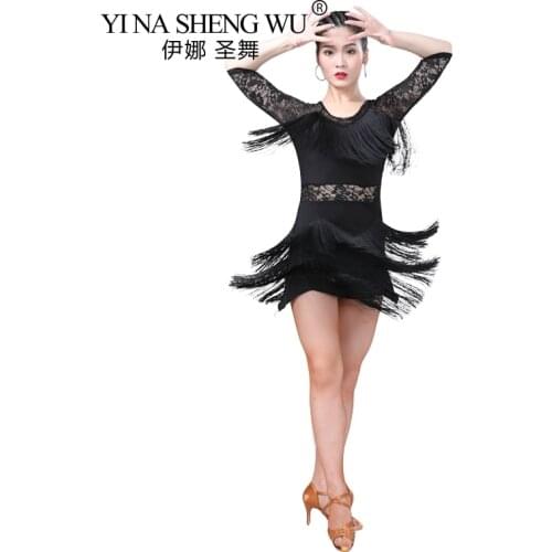 New Latin Dance Tassel Dress Women Ballroom Tango Chacha Rumba Costumes Club Dancer Stage Performance Clothes Lace Tassel Dress