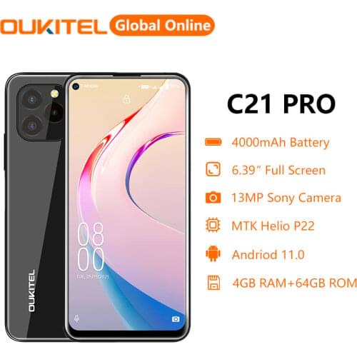 Oukitel C21PRO Cell Phone 6.39''4gb + 64gb 4000mah Android 11.0 Octa Core Smartphone 21MP Sony Main Camera Full Glass Body Phone