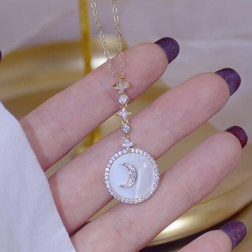 Round Card Moon Necklace 14K Real Gold Korean Temperament Shell Clavical Chain Kolye Star Zircon Pendent Necklace Jewelry Gift