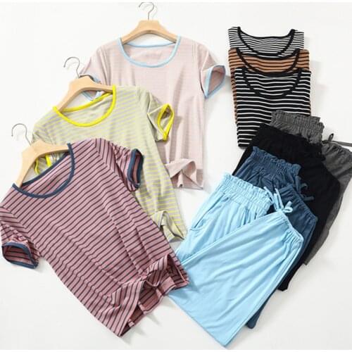 Pyjama Pour Femme New Modal Striped Sleepwear Set Short Sleeve Summer Pajamas Women Drawstring Bloomers Pant Two Piece Suit