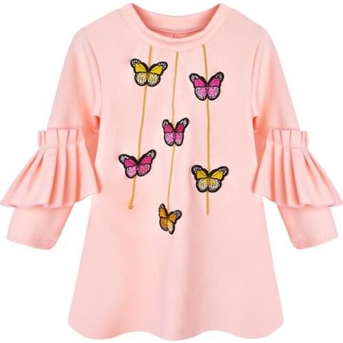 Girls dress spring and autumn 2019 new small children butterfly embroidery pink trumpet sleeve dress