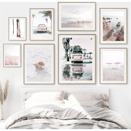 Beach Wave Landscape Travel Poster Pink Car Surfboard Canvas Painting Coconut Tree Wall Art Print Nordic Picture Home Decoration