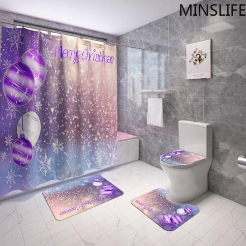 Merry Christmas Bathroom Sets Shower Curtain Waterproof Purple Bells Decoration Toilet Cover Mat Non Slip Rug Flannel Carpets