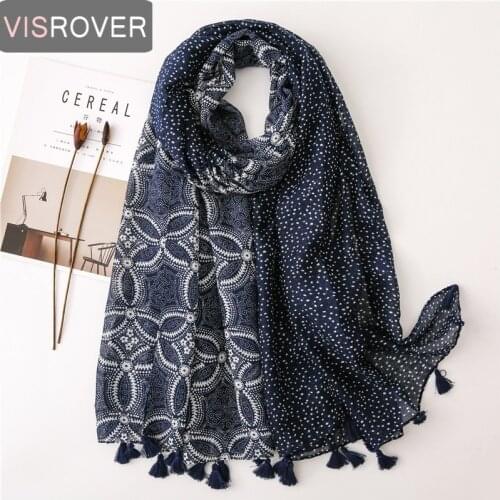 Visrover Ethnic Navy Head Scarf Beach Scarves Tourist Flower Shawl Floral Print Scarf Hijab Women Scarfs With Tassel Wholesales