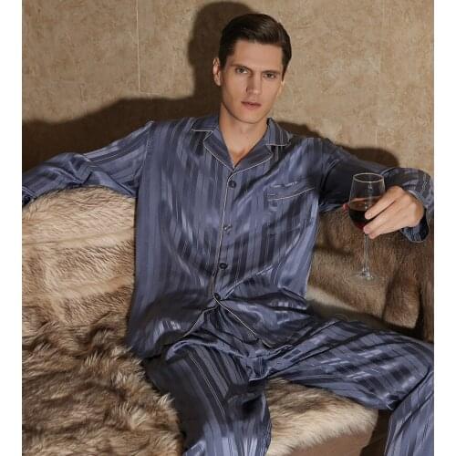 Silk pajamas mens autumn and winter pure color silk worm silk home service two-piece suit T9082
