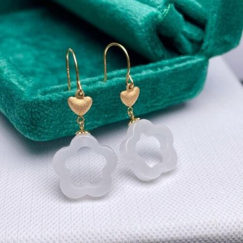 Shilovem 18k yellow Natural white jasper Drop Earrings fine Jewelry women trendy party Christmas gift 14mm myme1414882hby