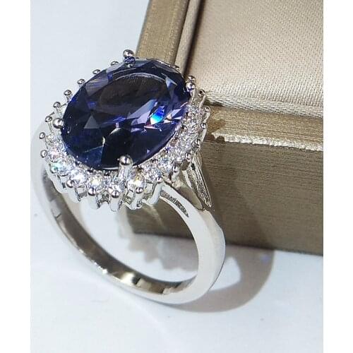 Vintage Female Blue Crystal Love Ring Classic Silver Color Wedding Ring Luxury Bridal Oval Wedding Engagement Rings For Women