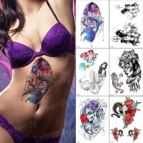 Temporary tattoos stickers bikini mermaid vintage tattoo fish flower water transfer tattoo 6pcs/sets sexy body art sticker