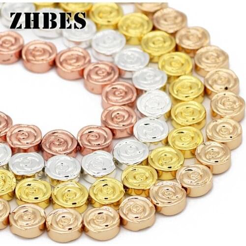 ZHBES 8MM Natural Stone Rose Flower Hematite Gold Silver Spacer Flat Round Loose Beads For DIY Jewelry Making Bracelets Findings