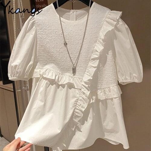 Sweet Ruffle Patchwork Puff Sleeve Blouse Women Loose O-neck Y2k Harajuku Korean Fashion Tops Street Casual Baggy Shirt Female