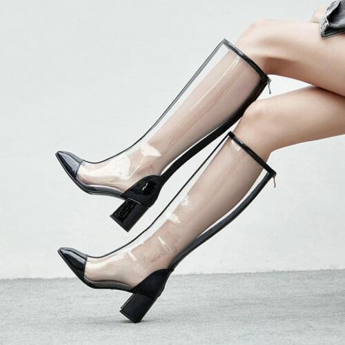 2021 Fashion Transparent Material PU Leather Women Knee High Boots Square Heel Zipper Ladies Long Boots Spring Autumn Shoes
