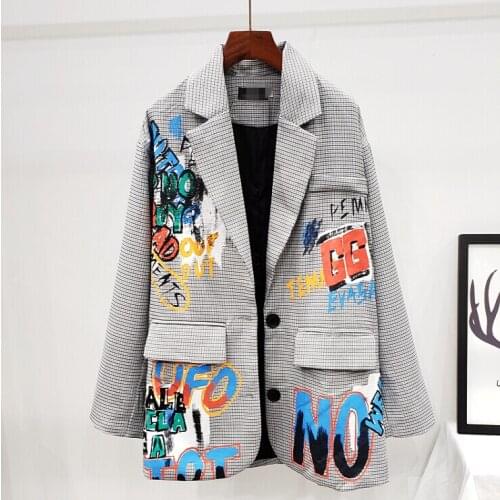 Womens autumn winter casual loose letter print plaid suit female high waist runway fashion graffiti checked outwear TB816