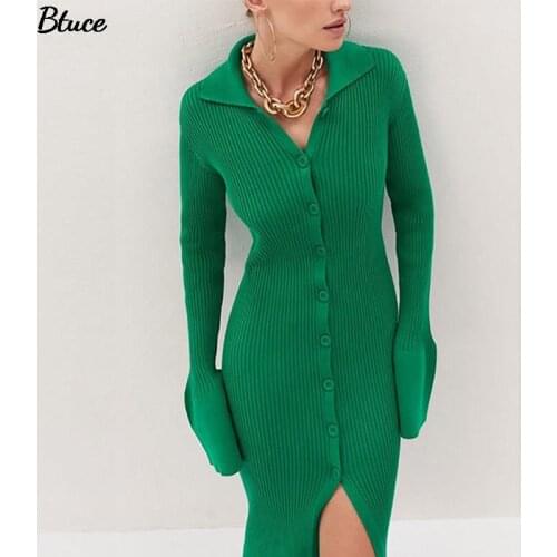 2021 Autumn Winter Women Sexy Long Solid V Neck Knitted Cardigan Dress Y2k Female Lantern Sleeve Slim Midi Sweater Dress