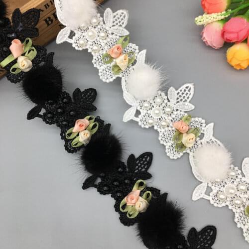 1 yard White Black Pom Pom Colorful Flower Pearl Embroidered Lace Ribbon Pompon Trim Fabric Sewing Craft For Costume Decoration