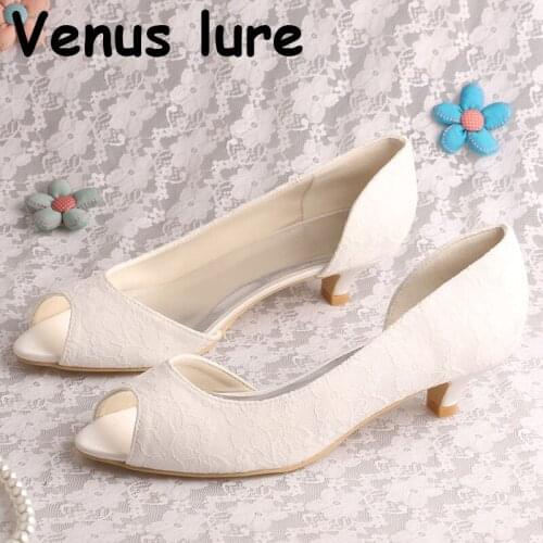 Off white Lace Wedding Shoes Open Toe Slip on Low Heeled Pumps