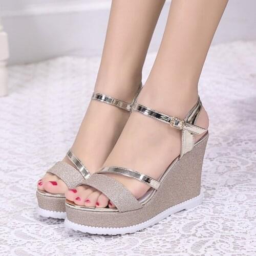 Platform Sandals Women High Heels Summer Sexy Patent Leather Peep Toe Shoes Sequined Cloth Wedge Heels Sandalie Gold Silver