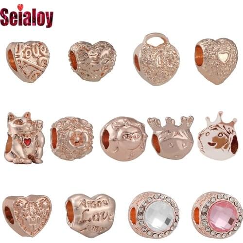 Seialoy New Rose Gold Heart Beaded Lucky Cat Charm Fit Diy Bracelets Original Round Crystal Beads Bangles Jewelry Accessories