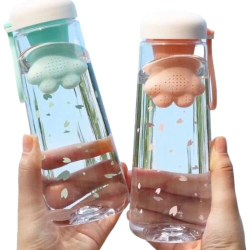 Plastic Water Bottle Cute Cat Claws Tea Filter Cup Cherry Blossoms Girl Portable Leakproof Summer Sports Water Bottle 550ML