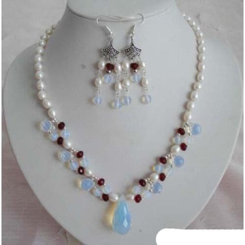 Women Gift word Love real shipping New style Natural noble jewelryWhite Pearl Opal Red Garnet Pendant 18KWGP Clasp Necklace Earr