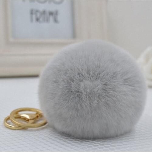 Brand Fluffy Rabbit Fur Pompom 8CM For Bags&Cars Charm Real Natural Fur Balls Genuine Fur Key Chain TKK005-grey keyring women