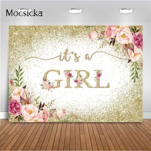 Its a Girl Baby Shower Backdrop Gold Glitters Dots Blush Pink Floral Girl Baby Shower Party Background Decorations Photoshoot
