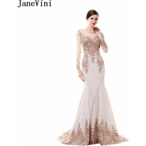 JaneVini Vintage Saudi Arabic Mermaid Mother of The Bride Dresses with Sleeve Gold Lace Applique Beaded Satin Long Evening Gowns