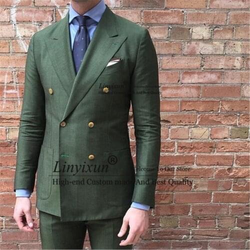 Classic Green Men Suit Slim Fit Double Breasted Terno Masculino Party Tuxedo Male Formal Groom Wear Blazer 2 piece(Jacket+Pant)