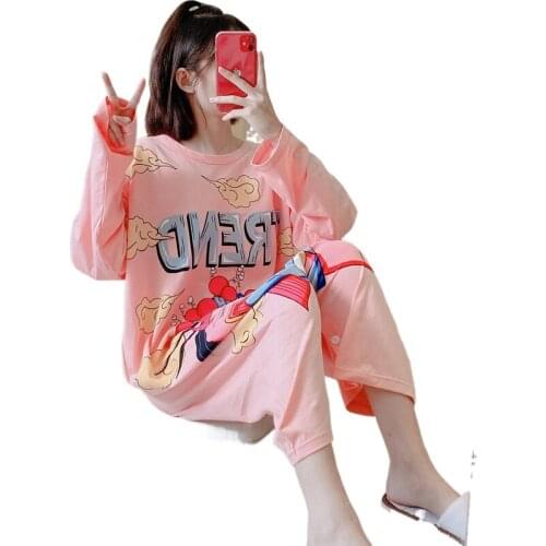 391c-1Summer Pajamas Women Pure Cotton Short-sleeved Summer Cute One-piece Pajamas Can Wear Outside Cotton Home Clothes