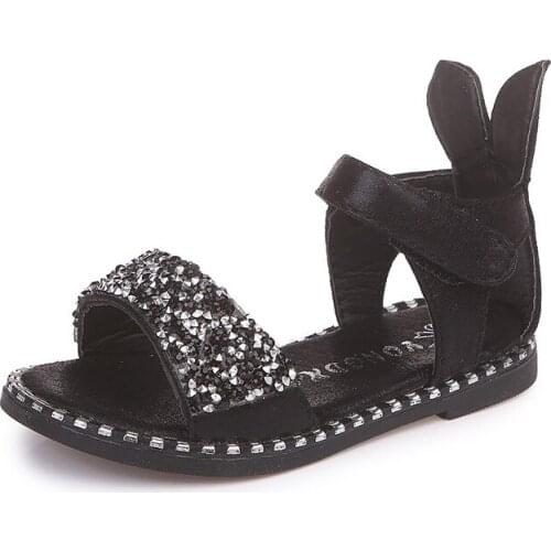 Fashion Bling Shiny Rhinestone Girls Shoes Hot Sale Baby Girl Beach Sandals With Cute Rabbit Ear Kids Flat Sandals For Kids Girl
