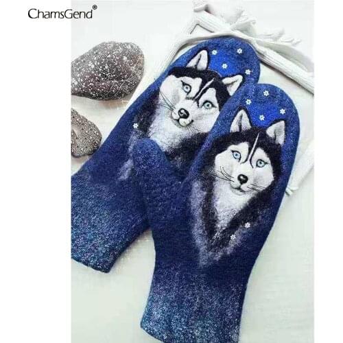2021 New Womens Cashmere Gloves For Womens Girls Winter Husky Print Plush Fur Thick Warm Gloves Riding Gloves Good Gifts