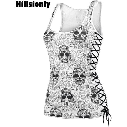 Plus size 2021 Vintage Skull Pritn V Neck Sleeveless Tank Top Sexy Lace Up Tops Summer Clothes For Women Top Femme Haut Femme