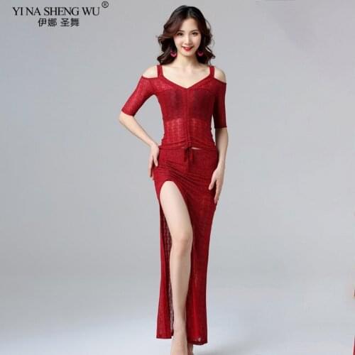 Silver Silk Mesh Belly Dance Practice Costume Beginner Sexy High Split Top+ Skirt Long Dress Bellydancing Training Wear Summer