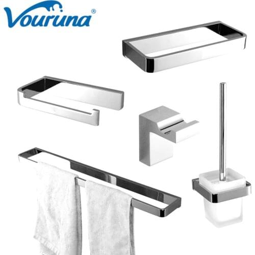 VOURUNA Luxurious Solid Brass Chrome Finish 5pcs Bath Hardware Set Robe Hook Towel Rack Paper Holder