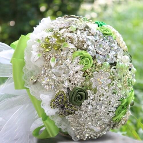 Green & white satin ribbon rose brooch bouquet Brooch bouquet Ribbon rose bouquet kiwi green Crystal wedding brooch bouquet
