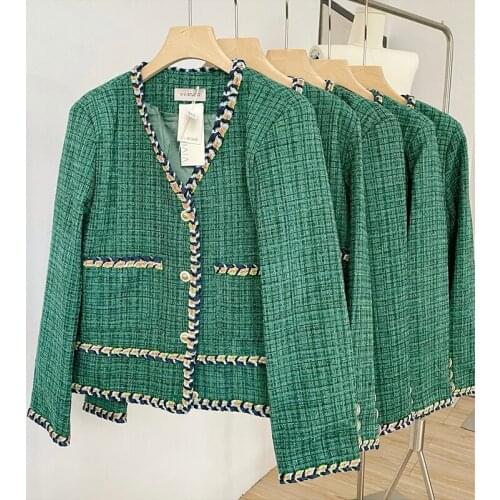2021 New Green Tweed Jacket Coat Women Autumn Winter Single Breasted Weave Female Fashion Vintage Outerwear