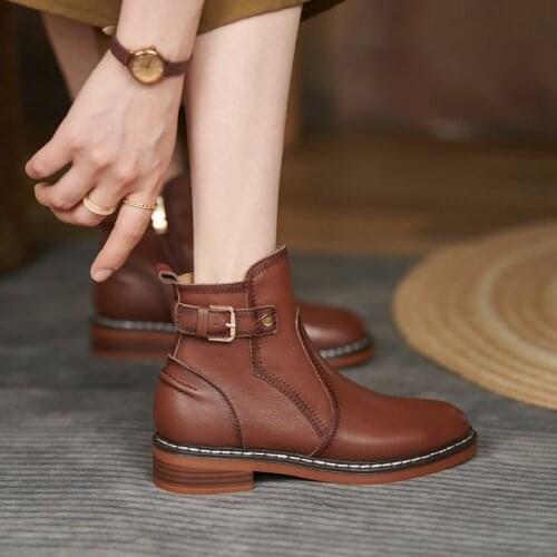 2021 Women Ankle autumn Boots Ladies Platform Flat Shoes Genuine Leather Zipper Belt buckle Casual Boots Female Motorcycle Boot
