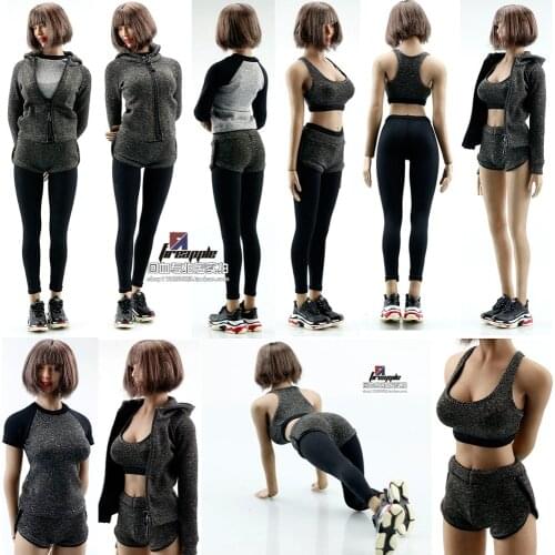 In Stock Scale 1:6 Female Soldier FA008 Clothes Yoga Suit Fitness Suit Set Gray 6 Piece Set For Collection