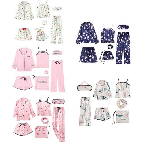 7Pcs Ladies Silky Pajamas Set Printed Shirt Pants Eye Mask Hair Band Nightwear