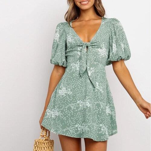 Flowers Print Puff Sleeve High Waist Mini Dresses for Women Short Sleeve V-Neck Bow Knowt Summer Dress Beach Party Dresses #20