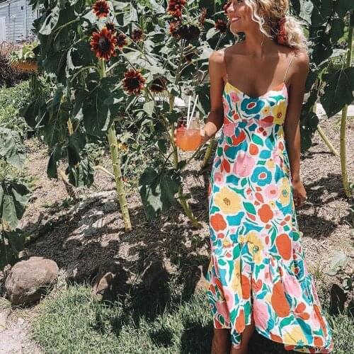 Women Summer Bohemian Floral Chiffon Long Maxi Dress V-neck Sleeveless Sundress Evening Cocktail Party Beach Dresses
