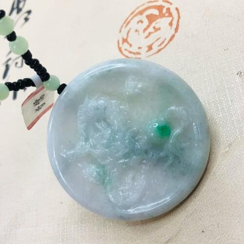 Zheru pure natural Jadeite carved light green two-color dragon play beads pendant with green bead chain sweater chain certificat