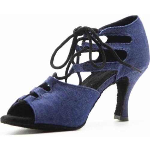 Evkoodance Professional Ballroom Dance Shoes Ladys Denim Salsa Dance Shoes Suede 7cm Women Latin Dancing Shoes Party Dance Boots