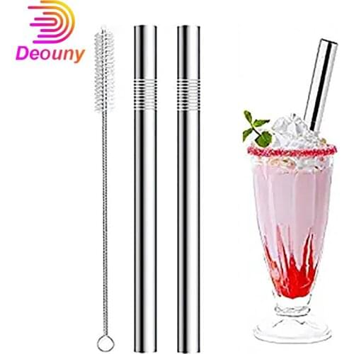 DEOUNY Metal Smoothie Straws 1.2CM Extra Wide Reusable Metal Drinking Straw For Milkshake Boba Beverage 2PCS With 1Clean Brush