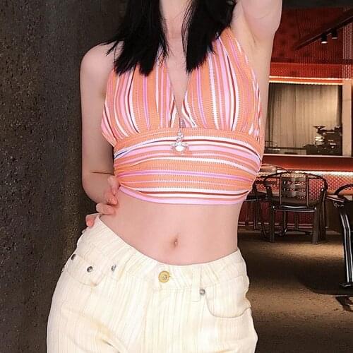 Women Summer Halter Lace Up V Neck Sleeveless Sexy Slim Stripe Crop Top Backless Skinny Tank Tops