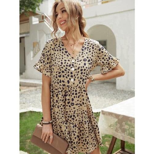 Short Sleeve Ruffle Leopard Print Sexy V Neck High Waist Short Flowy Mini Dress Tunic Party Swing 2021 Women Summer Dress