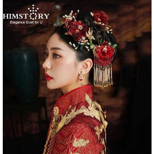 HIMSTORY Chinese National Style Brides Headdress Beautiful Flannel Tassel Red Clear Flower Hair Ornament Accessories
