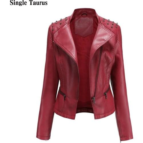 Fall Winter Famale Leather Jackets Turn-down Collar Long Sleeve PU Coat Women Streetwear England Fashion Jacket Biker Rivet Coat