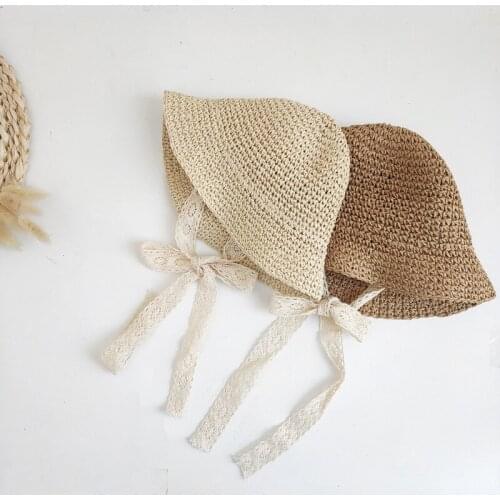 Summer Korean Baby Boy Girl Straw Hats Lace Strap Crochet Children Handmade Foldable Sun Cap Lace Beach Sun Outdoor Hat