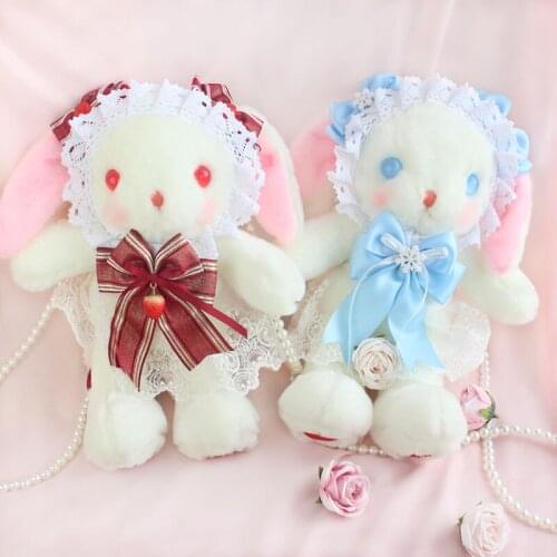 Cute Lolita Girl Strawberry Rabbit Bear Plush Hangbag Handmade Shoulder Bag Bow Lace Trim Small Purse Bag Pearl Strap Little Bag