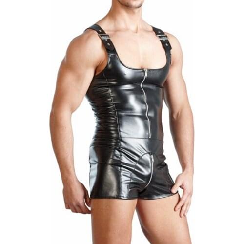 Men Lingerie Bodysuit Black Sexy Wetlook PVC Leather Zipper Open Bust Stretch Tight Erotic Catsuit Fetish Gay Costumes Clubwear